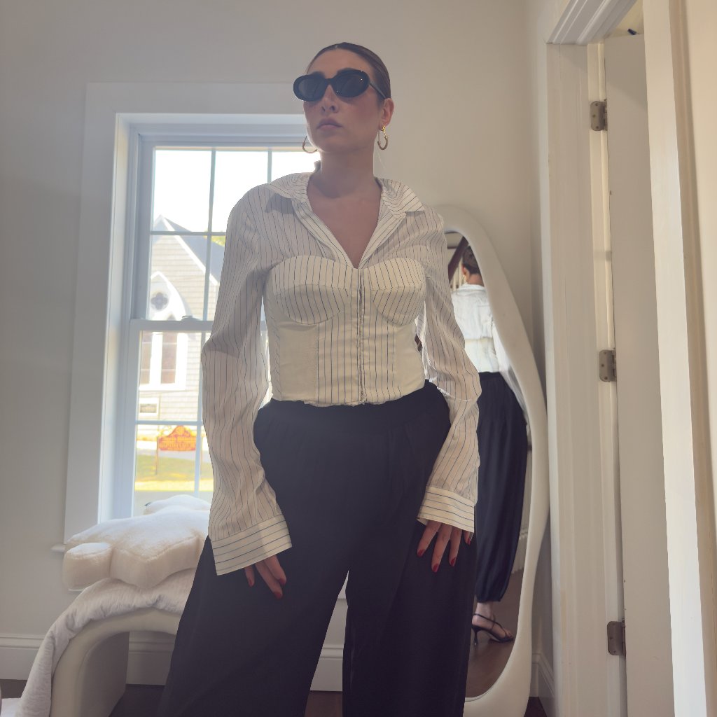 Rta Corset Overlay Button Down 100% Silk Blouse